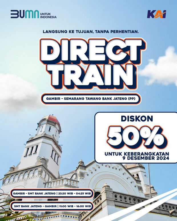 KAI Hadirkan Layanan Direct Train Jakarta-Semarang dengan Diskon 50%, Tiket Nataru 2024/2025 Terjual 833.495 KAI Hadirkan Layanan Direct Train Jakarta-Semarang dengan Diskon 50%, Tiket Nataru 2024/2025 Terjual 833.495