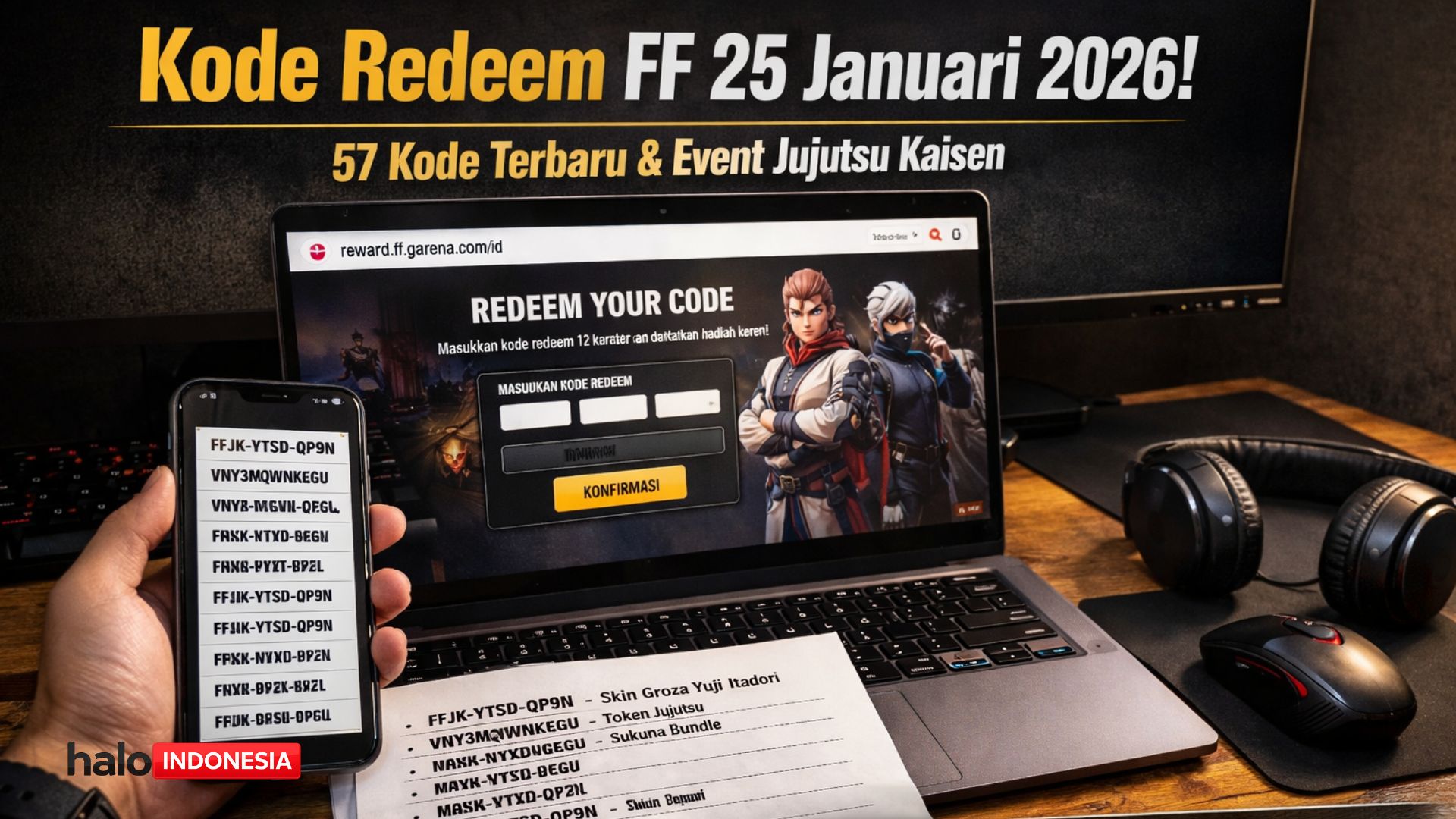 Kode Redeem FF 25 Januari 2026: 57 Kode Terbaru, Bonus Event Jujutsu Kaisen, dan Cara Klaim Resmi