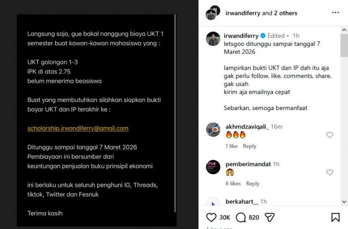 Ferry Irwandi Tawarkan Beasiswa UKT 1 Semester, Ini Syaratnya