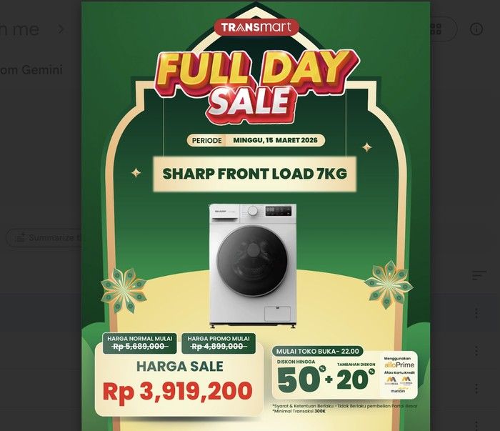 Transmart Full Day Sale: Mesin Cuci Sharp Diskon Hingga Rp1,7 Juta
